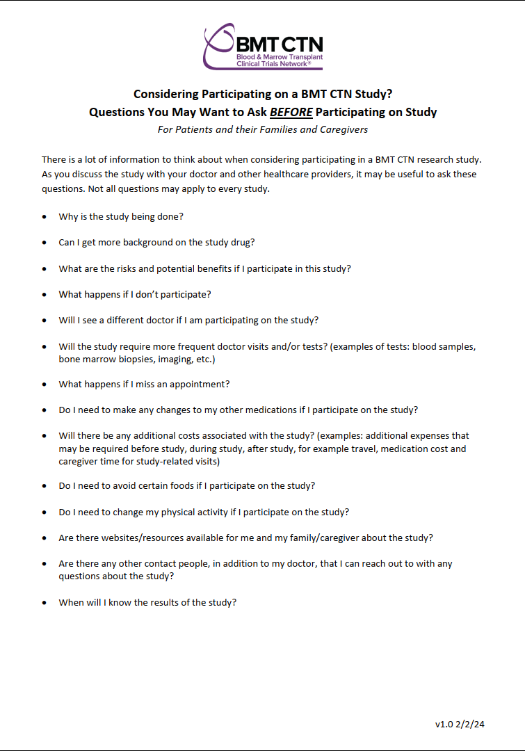 BMTCTN Patient Caregiver Questions BEFORE Consent